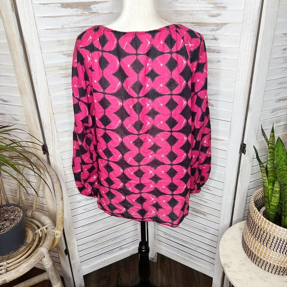 Sundance Women's Hyacinth Batik Print Gauzy Embroidered Top Bright Pink Black L - Picture 6 of 14